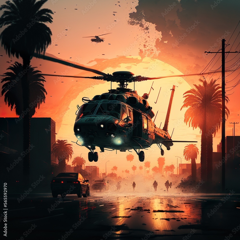 Helicopter flying above the streets of California